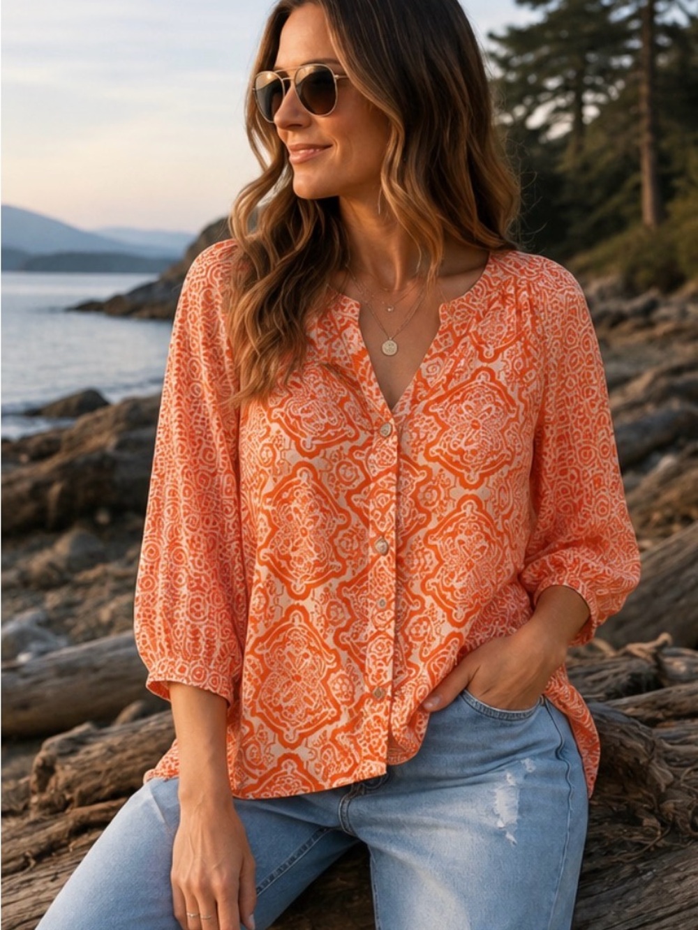 Notations Orange Printed Button-Front Blouse